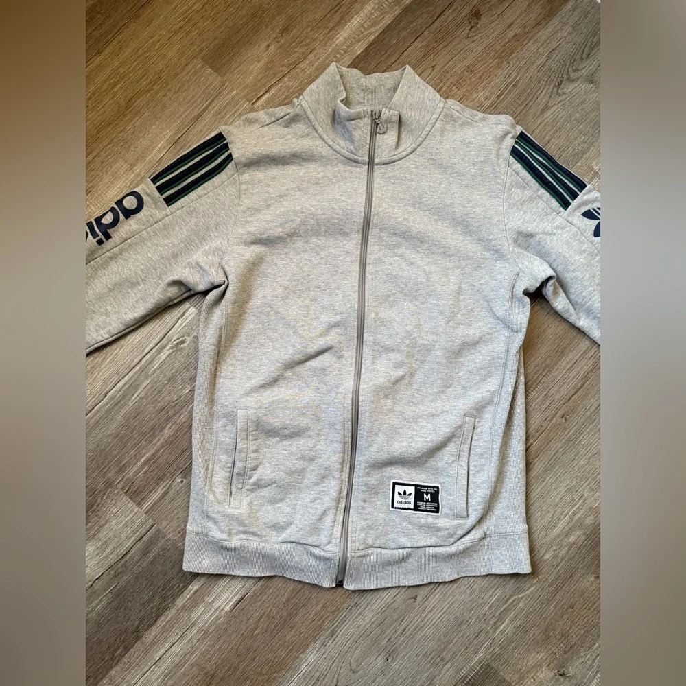 VTG Adidas Gray Zip-Up Jacket Sweatshirt With Stripes Green Blue Retro Size M